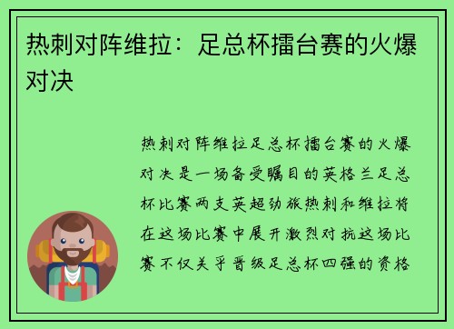 热刺对阵维拉:足总杯擂台赛的火爆对决 热刺对阵维拉:足总杯擂台赛的火爆对决