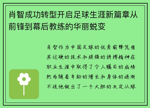 肖智成功转型开启足球生涯新篇章从前锋到幕后教练的华丽蜕变 肖智成功转型开启足球生涯新篇章从前锋到幕后教练的华丽蜕变