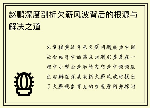 赵鹏深度剖析欠薪风波背后的根源与解决之道 赵鹏深度剖析欠薪风波背后的根源与解决之道